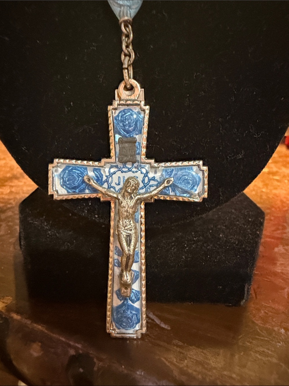 Women's Blue Enamel Rosary Necklace with Crucifix - Picture 2 of 11